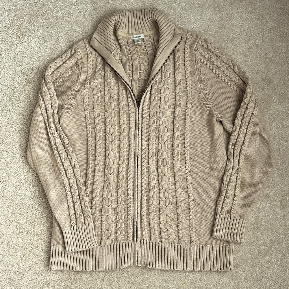 L.L. Bean Quarter Zip Cable Knit Sweater, Light Beige, XL